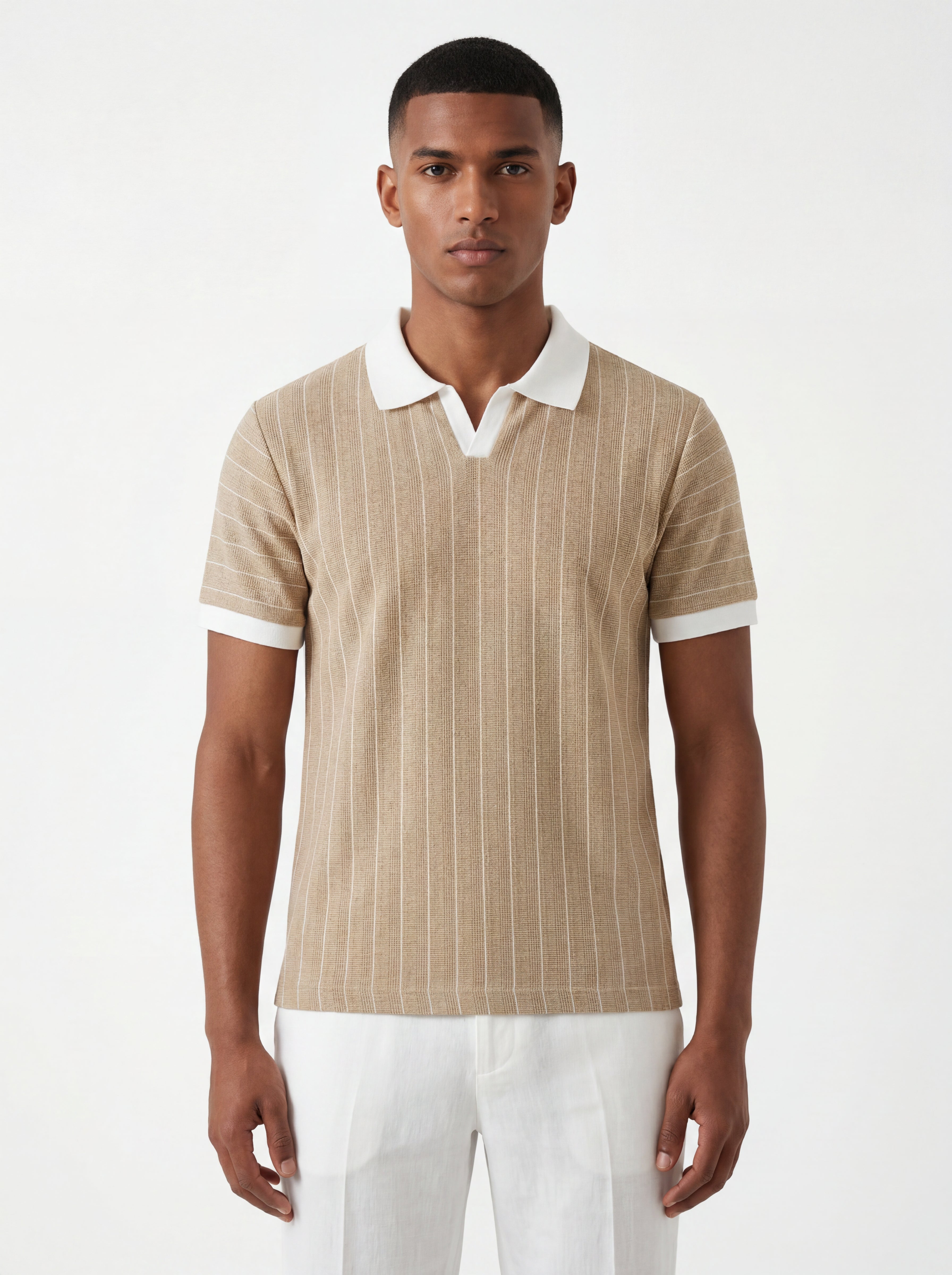 Striped Polo – Beige/White