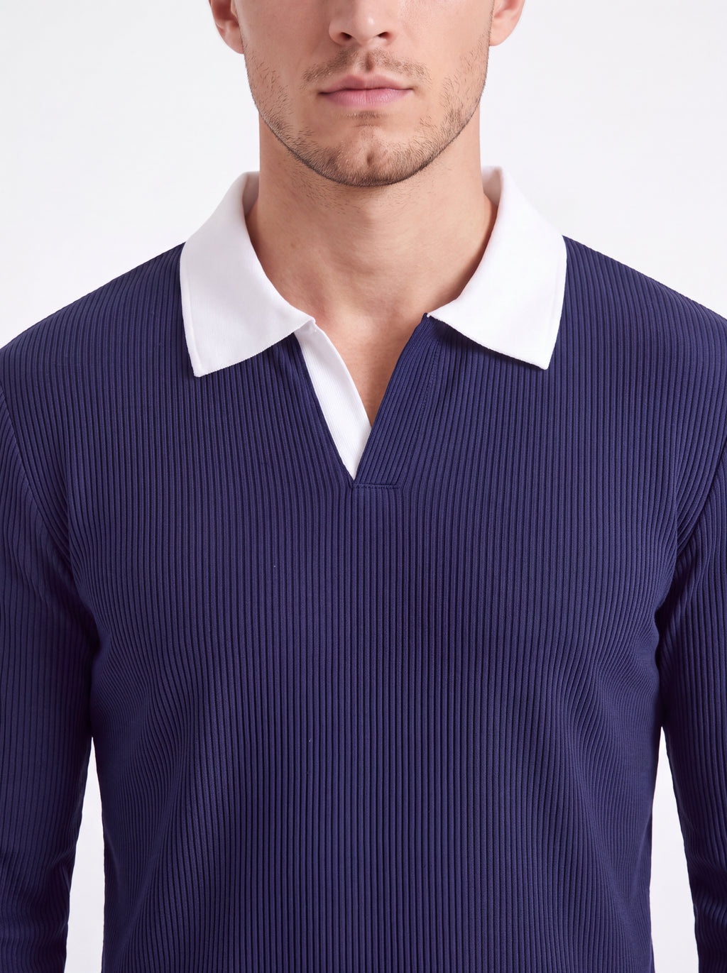 Navy Ribbed Long-Sleeve Polo