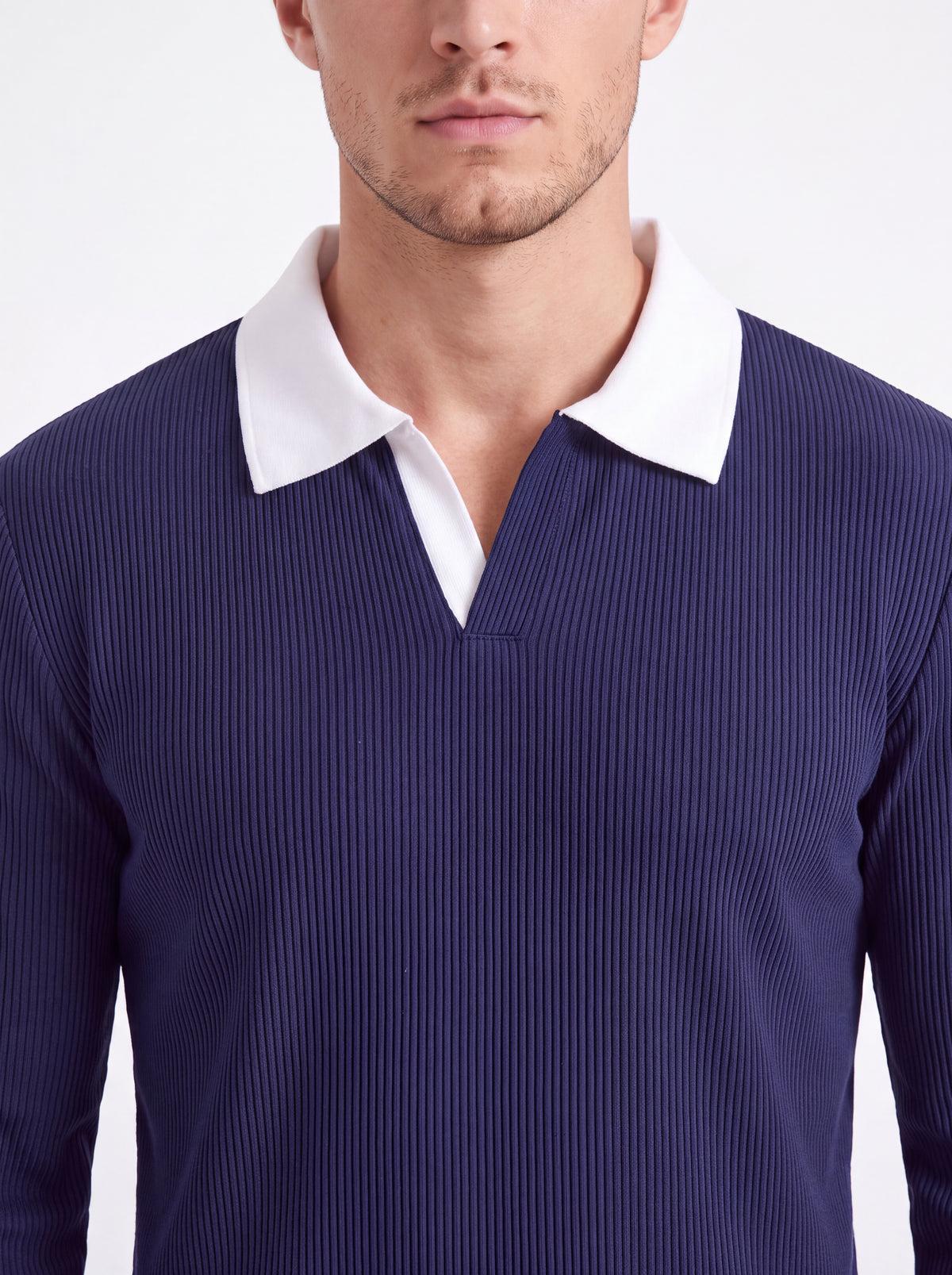 Navy Ribbed Long-Sleeve Polo