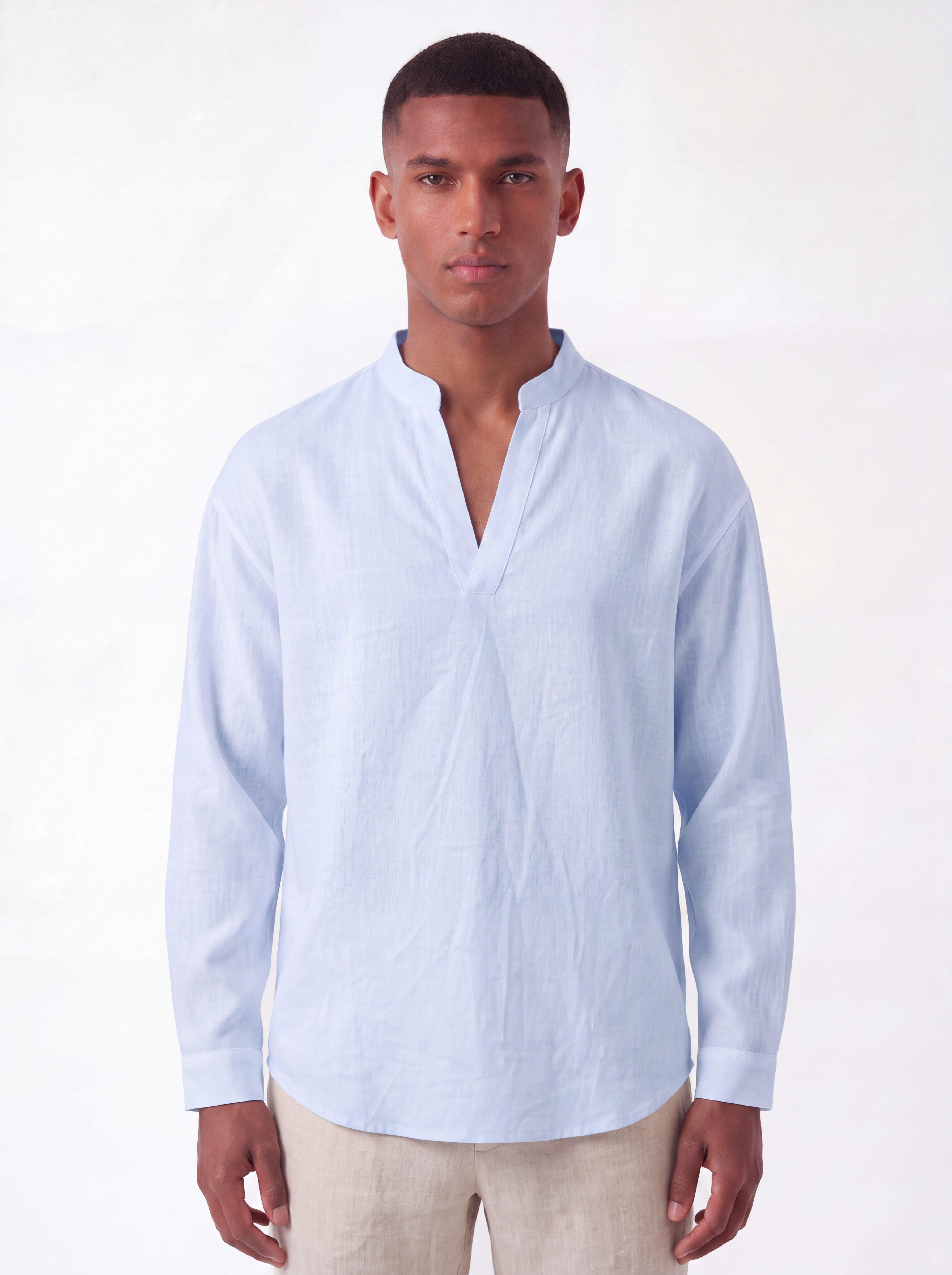 Split-Neck Linen Shirt - Coastal Blue