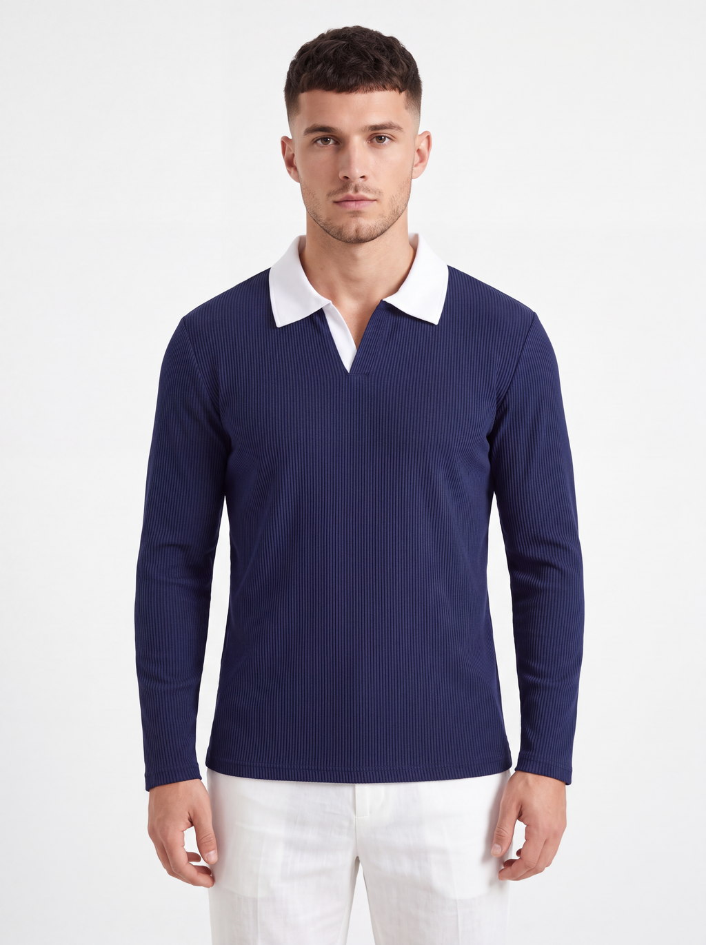 Navy Ribbed Long-Sleeve Polo